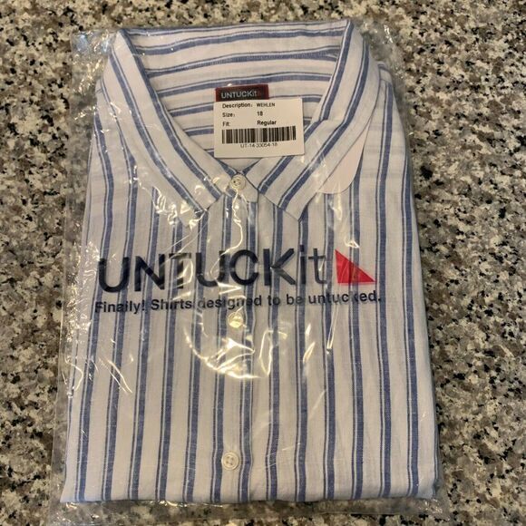 UNTUCKit Top 18 100% Linen Button Up Shirt Blue White Stripe Gift Ready Under - Picture 7 of 9